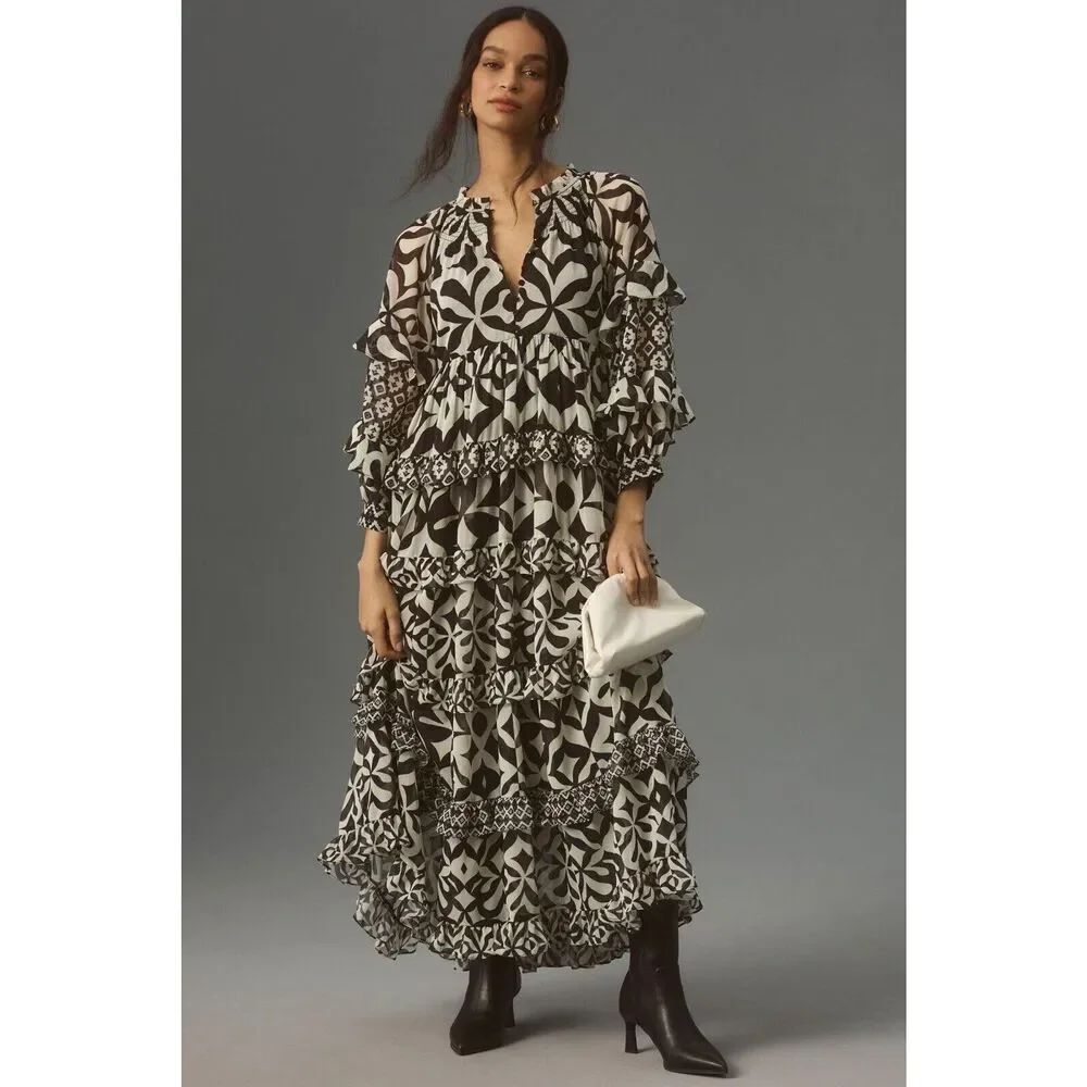 Anthropologie Vineet Bahl Long-Sleeve V-Neck Tiered Ruffle Maxi Dress